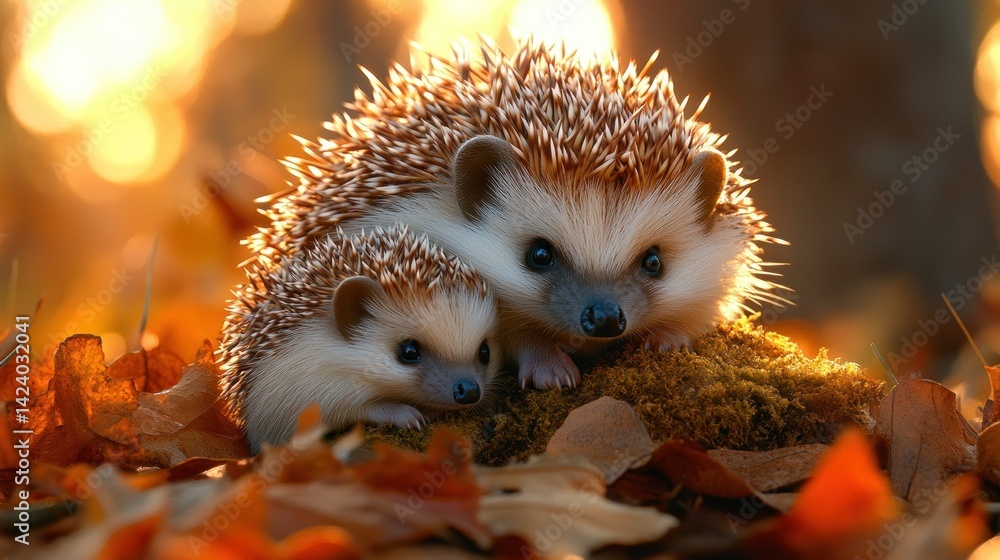 Two adorable hedgehogs nestled together in autumn leaves, bathed in warm sunlight Two adorable hedgehogs nestled together in autumn leaves, bathed in warm sunlight