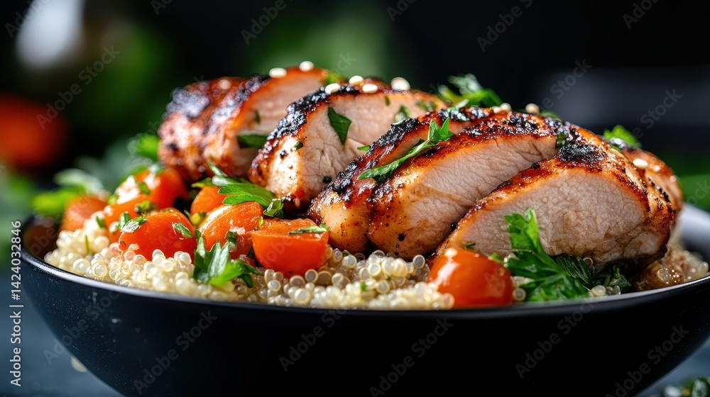 A beautifully arranged dish featuring grilled chicken served on a bed of quinoa and cherry tomatoes, making it an ideal healthy meal packed with flavor and nutrition. A beautifully arranged dish featuring grilled chicken served on a bed of quinoa and cherry tomatoes, making it an ideal healthy meal packed with flavor and nutrition.