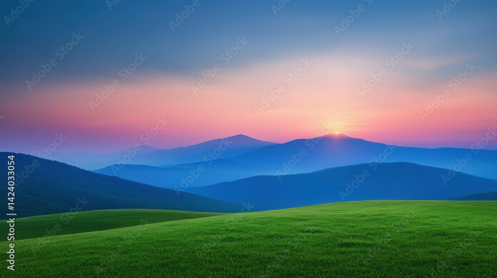 Fototapeta premium Serene Sunrise Over Rolling Hills and Mountains with Vibrant Sky and Peaceful Landscape