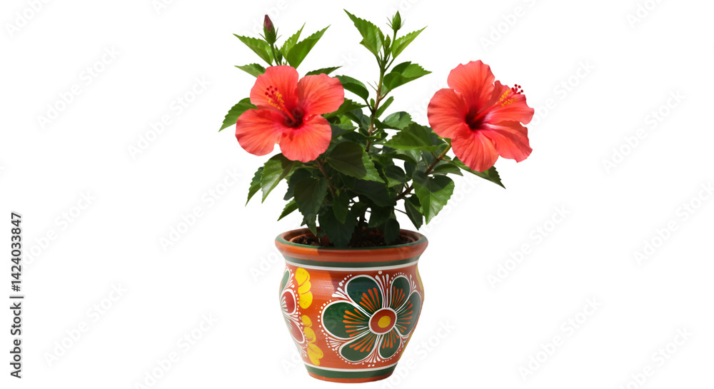 Fototapeta premium Red hibiscus flowers in decorated pot
