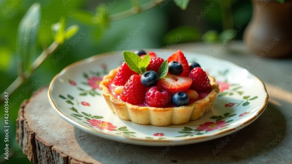A delightful miniature tart, adorned with a medley of fresh raspberries, strawberries, and blueberries, rests on an ornate plate, creating a charming scene. A delightful miniature tart, adorned with a medley of fresh raspberries, strawberries, and blueberries, rests on an ornate plate, creating a charming scene.