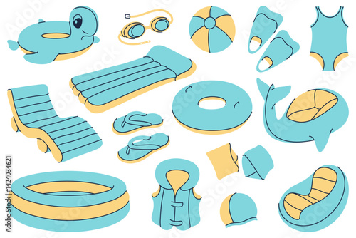 Set of illustrations of beach and pool accessories. Perfect for summer and vacation designs.