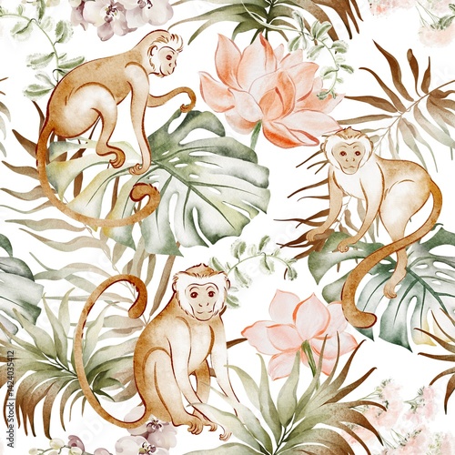 Photography Seamless watercolor pattern with tropical jungle animals