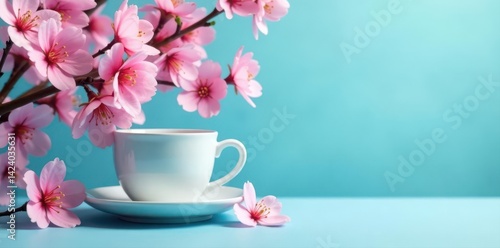 Serene blue backdrop, coffee cup nestled amongst delicate pink cherry blossoms , minimal, vibrant