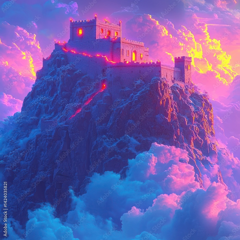 Fantasy Castle on Mountain Peak Surrounded by Dreamy Clouds at Sunset Fantasy Castle on Mountain Peak Surrounded by Dreamy Clouds at Sunset