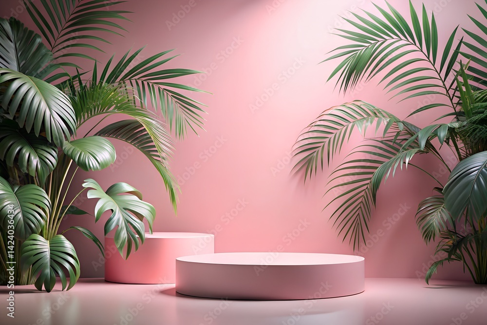 Pink product podium with tropical leaves and soft light Pink product podium with tropical leaves and soft light
