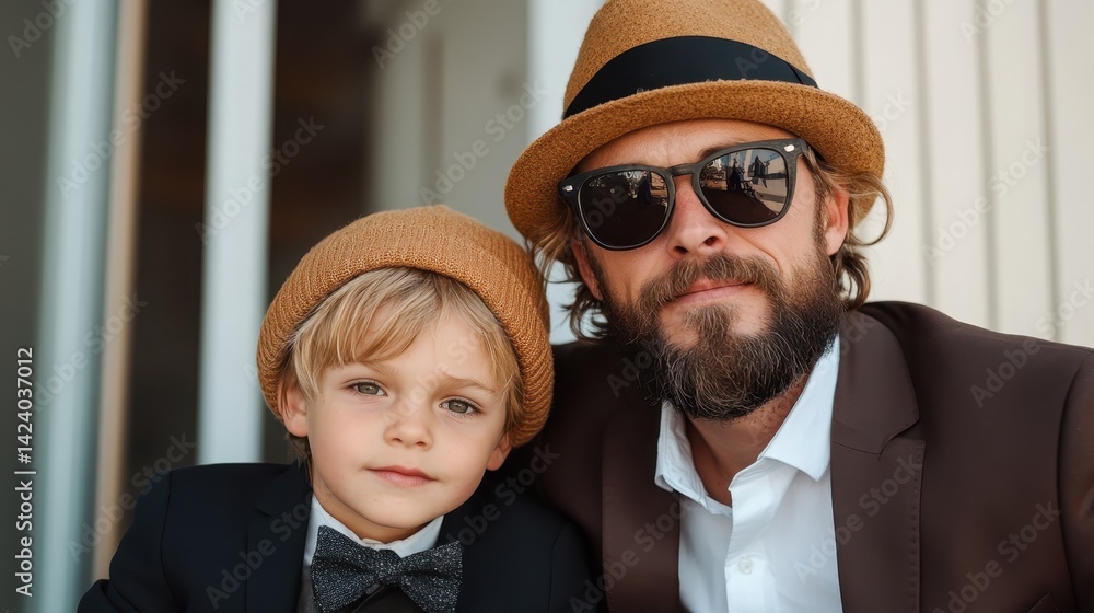 A stylish father and son duo in matching hats and suits strike a charming pose, showcasing their close bond and fashionable flair in a relaxed outdoor setting.