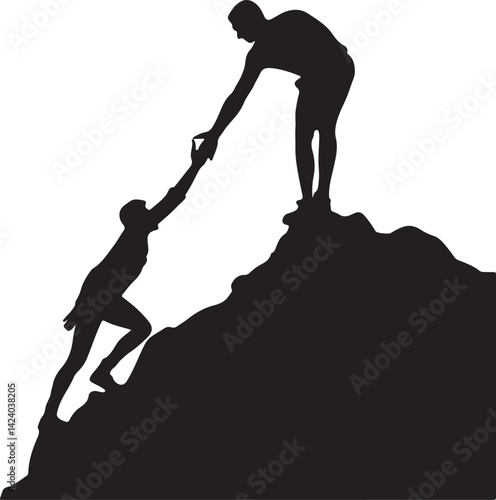 One man help to slip person for mountain vector silhouette
 