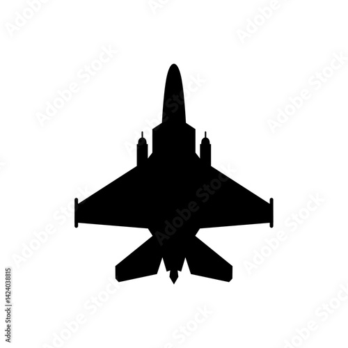 Black silhouette of a fighter jet perfect for militarythemed designs, aviation presentations, or any project needing a powerful aerial graphic.