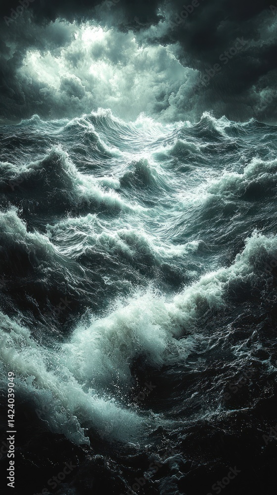 Dramatic seascape with turbulent waves under a stormy sky creating a powerful scene Dramatic seascape with turbulent waves under a stormy sky creating a powerful scene