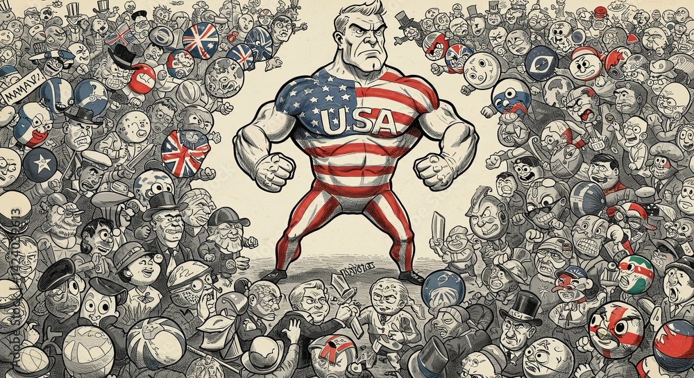 The drawing is filled with people, some of whom are holding flags resistance trade