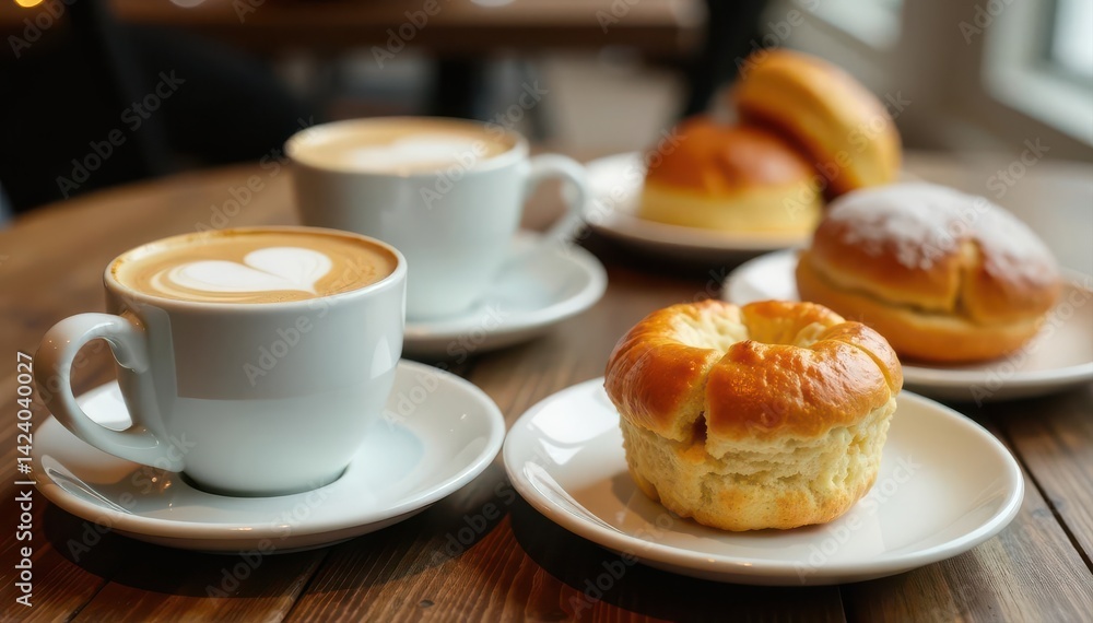 Wooden table with coffee cups and pastries, close-up, breakfast, light, vintage Wooden table with coffee cups and pastries, close-up, breakfast, light, vintage