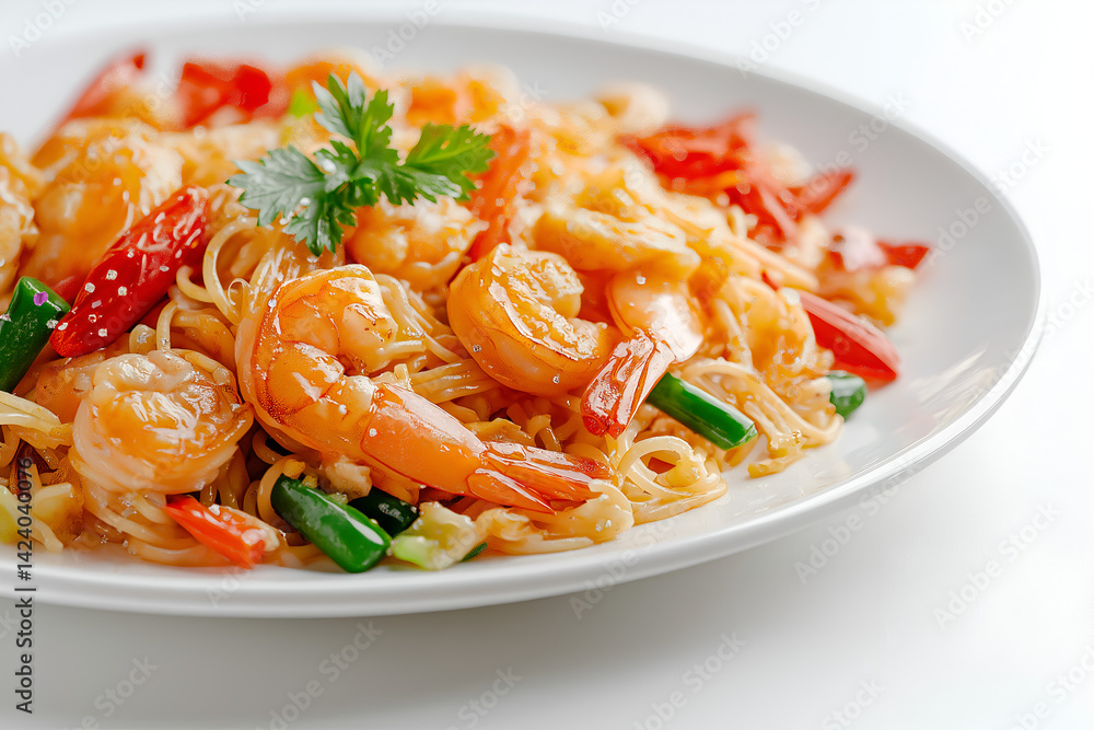Plate of pasta. prawn, tomato and courgetti, on white plate Plate of pasta. prawn, tomato and courgetti, on white plate