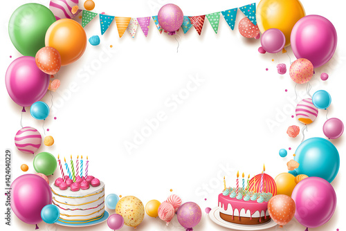 A cheerful border of colorful birthday balloons frame and birthday cake  isolated on white background