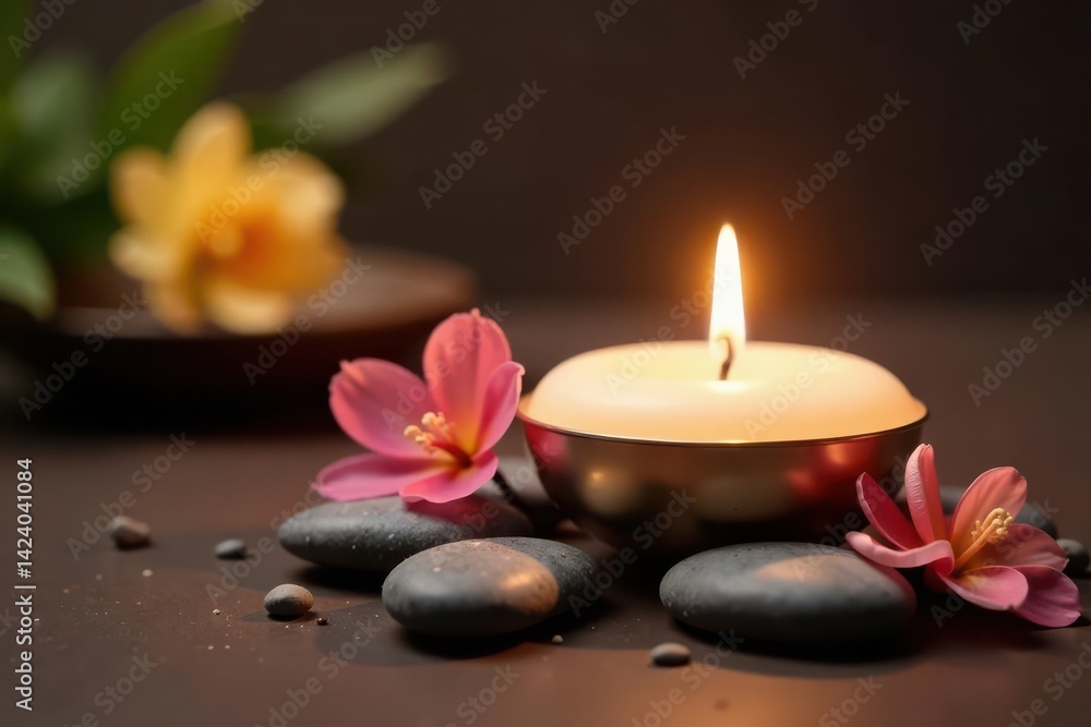 Burning candle casts gentle glow on dried floral arrangement & stones , peaceful, backdrop Burning candle casts gentle glow on dried floral arrangement & stones , peaceful, backdrop