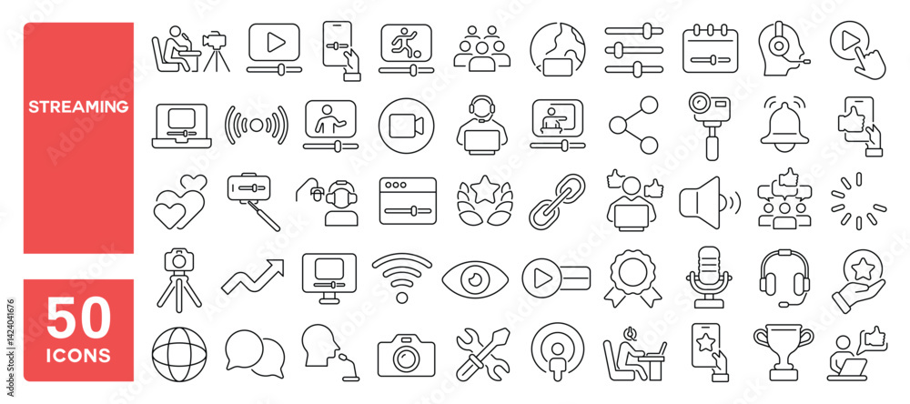 Set of 50 line icons related to streaming, live video, broadcast, channel, camera, influencer, interaction, views, live stream, Editable stroke. Vector illustration Set of 50 line icons related to streaming, live video, broadcast, channel, camera, influencer, interaction, views, live stream, Editable stroke. Vector illustration
