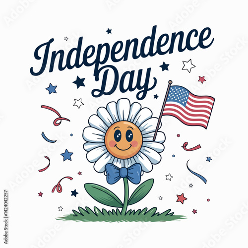 A cartoon illustration of independence day with a flower, flag, and celebratory elements around it