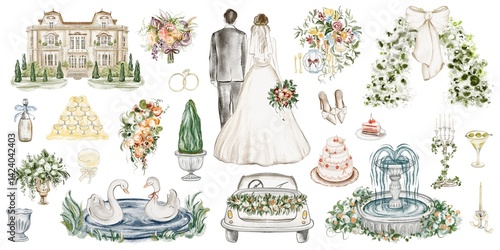 Watercolor illustration of wedding elements newlyweds, estate, swans, champagne, fountain, convertible. Hand drawn design for romantic celebration and marriage invitations. Drawing in soft colors.