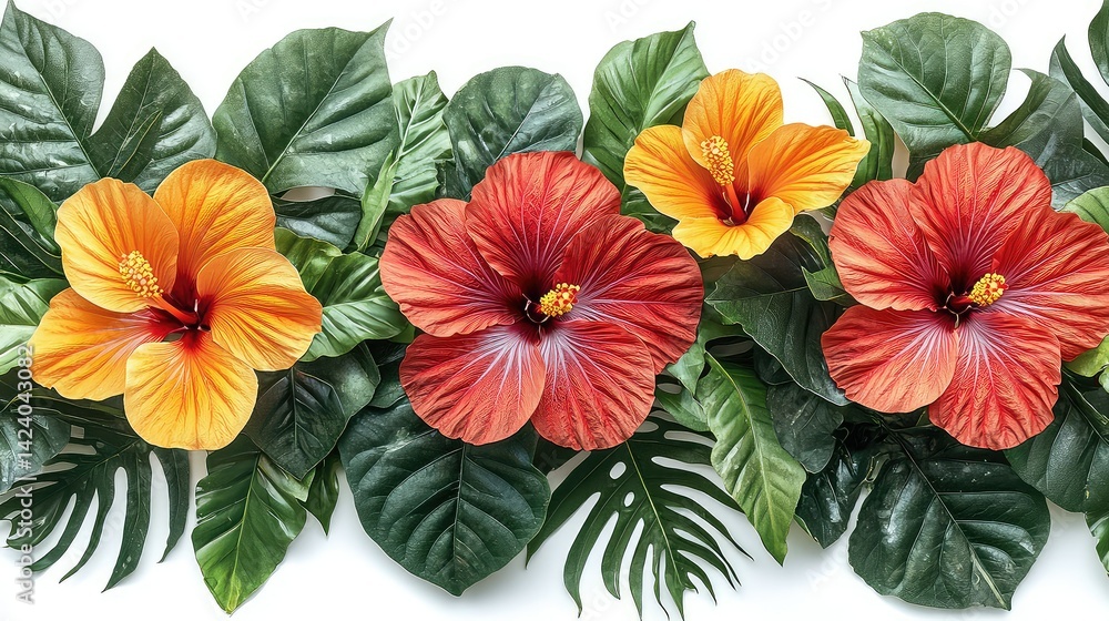custom made wallpaper toronto digitalTropical hibiscus flowers and lush leaves arranged in a horizontal border.