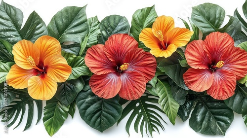 Wallpaper Mural Tropical hibiscus flowers and lush leaves arranged in a horizontal border. Torontodigital.ca