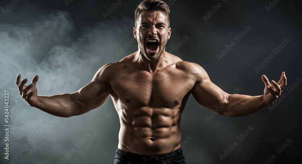 Obraz premium A man poses shirtless, flexing his muscles, in a dynamic stance with clenched fists and a determined facial expression.
