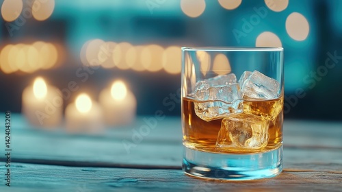Wallpaper Mural An inviting glass of whiskey over ice, beautifully arranged on a rustic wooden surface, complemented by soft lights that create a cozy atmosphere for any occasion. Torontodigital.ca