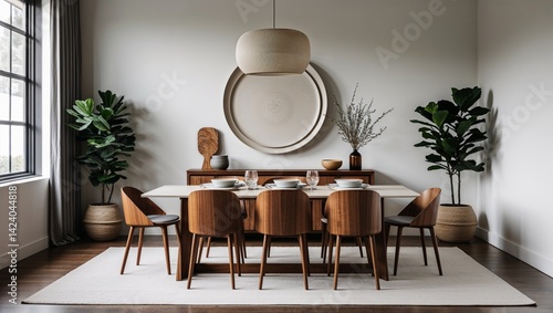 Minimalist dining with neutral plates and polished wood grains