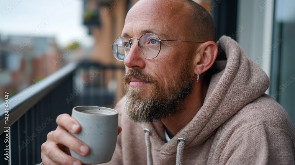 A man sits peacefully on his balcony, holding a warm cup of coffee while gazing thoughtfully into the distance. The cityscape softly blurs behind him, filled with gentle morning light. A man sits peacefully on his balcony, holding a warm cup of coffee while gazing thoughtfully into the distance. The cityscape softly blurs behind him, filled with gentle morning light.