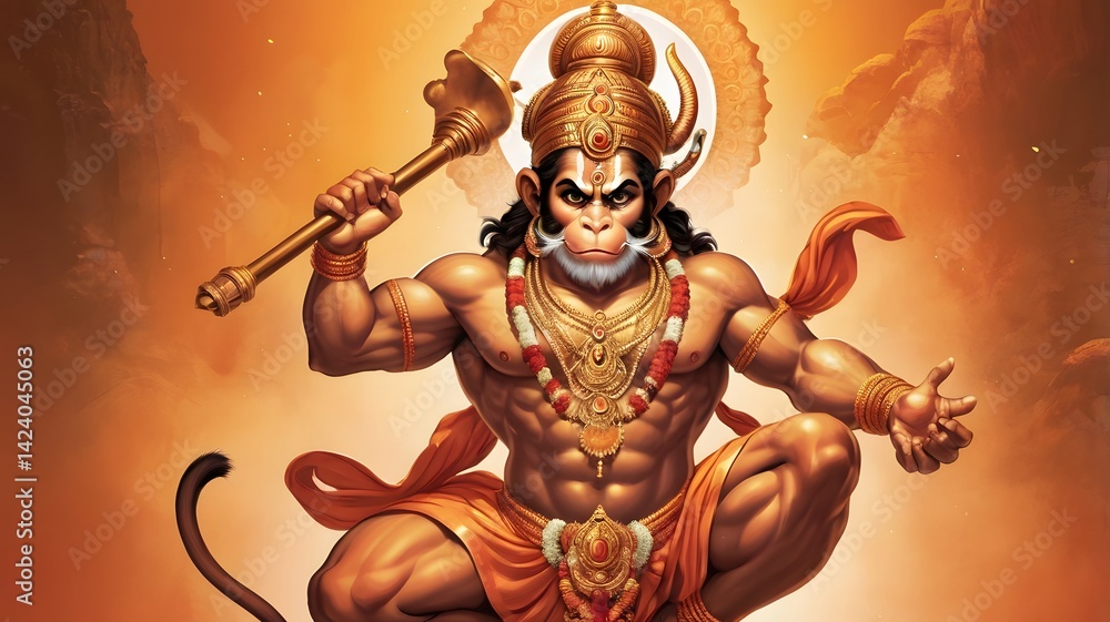 Watercolor lord hanuman portrait.