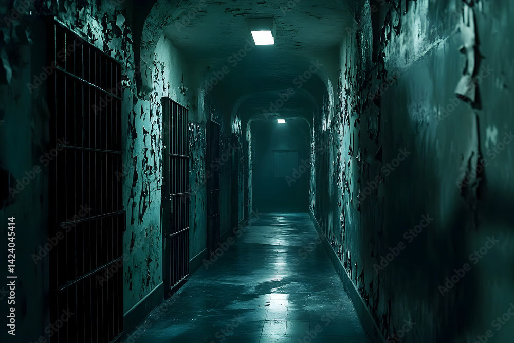 Fototapeta premium A long, dark prison hallway, lined with barred cells.