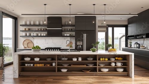 Modern design sleek appliances and open shelving create a stylish space