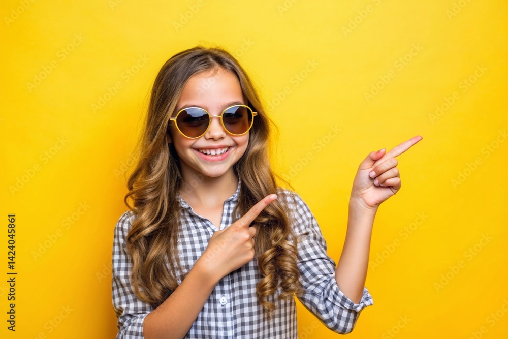Fototapeta premium Choose this - girl in yellow glasses smiles and shows with both hands the direction of choice on a yellow background