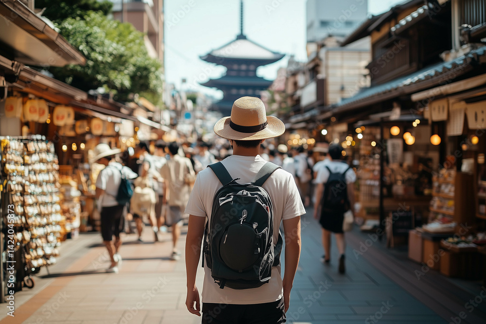 A tourist travels solo in Tokyo, Japan. Visiting landmarks.