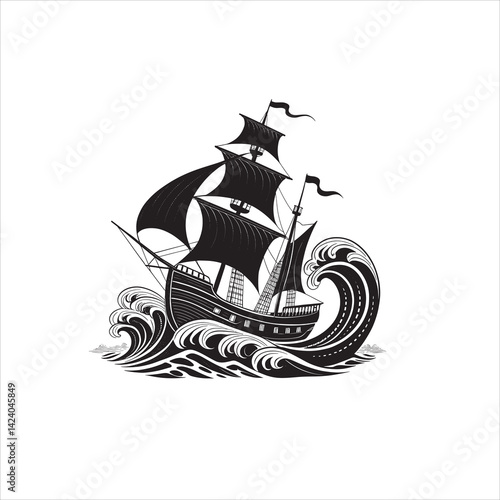 A black and white illustration of a sailing ship on turbulent waves in the ocean