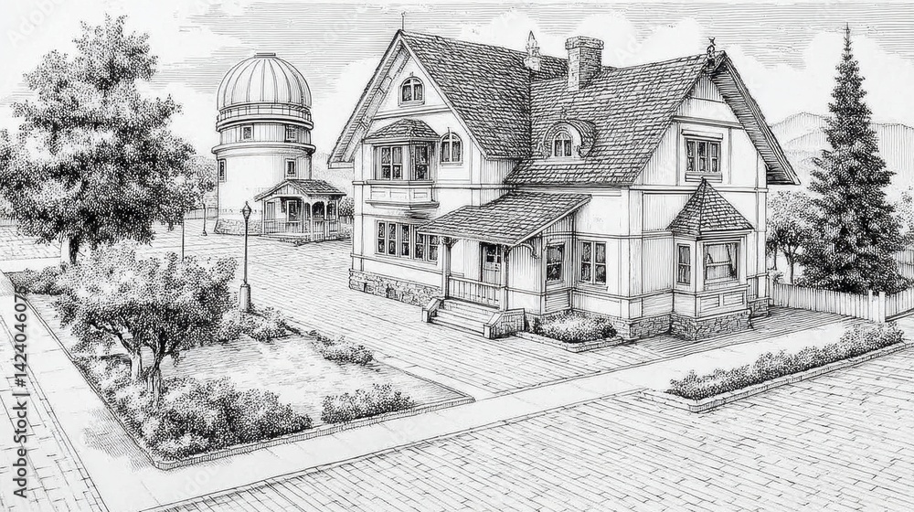 Fototapeta premium Detailed Black And White Architectural Sketch Of A Large House With Garden