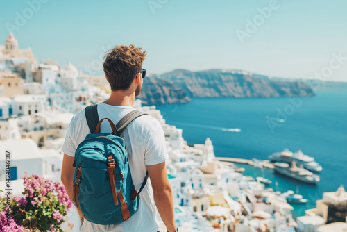 Obraz na płótnie A male tourist in Santorini, Greece. Visit tourist attractions. w salonie