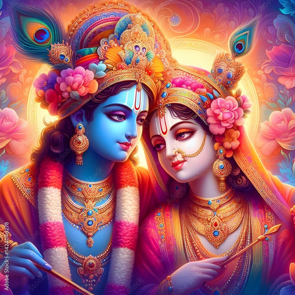 Illustration of lord krishna with fruits in bowl and konna flowers for vishu.
