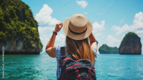 A woman traveler looks amazed at the natural scenic landscape of a tropical island in Thailand.