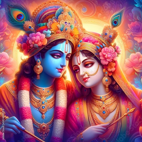 Obraz na płótnie Illustration of lord krishna with fruits in bowl and konna flowers for vishu.
w salonie