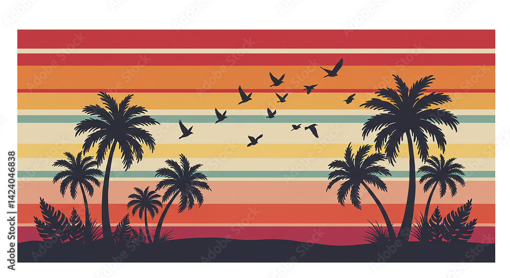 Obraz premium Palm Tree and Bird Silhouette with Retro Sunset Background