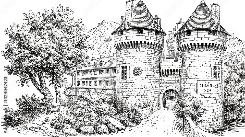 Obraz premium Detailed Black And White Sketch Of Medieval Castle Amidst Lush Trees
