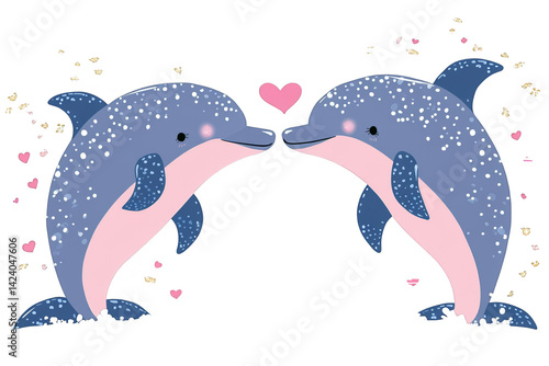 Illustration of Two Loving Dolphins With Pink Heart on Transparent Background