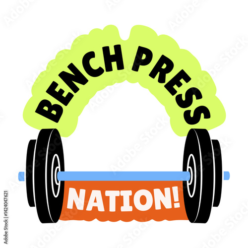 A barbell with weights on bench press typography, flat sticker 