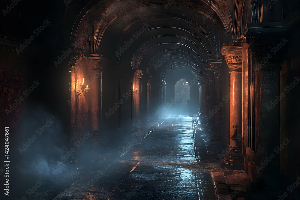 Fototapeta premium Mysterious, dimly lit corridor with arched ceilings.