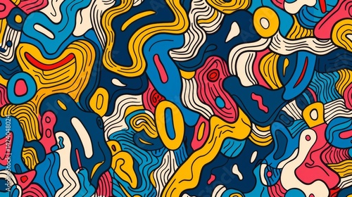 Fun colorful line doodle seamless pattern. Creative abstract style art symbol background for children or celebration design with basic shapes. Simple childish scribble wallpaper print.