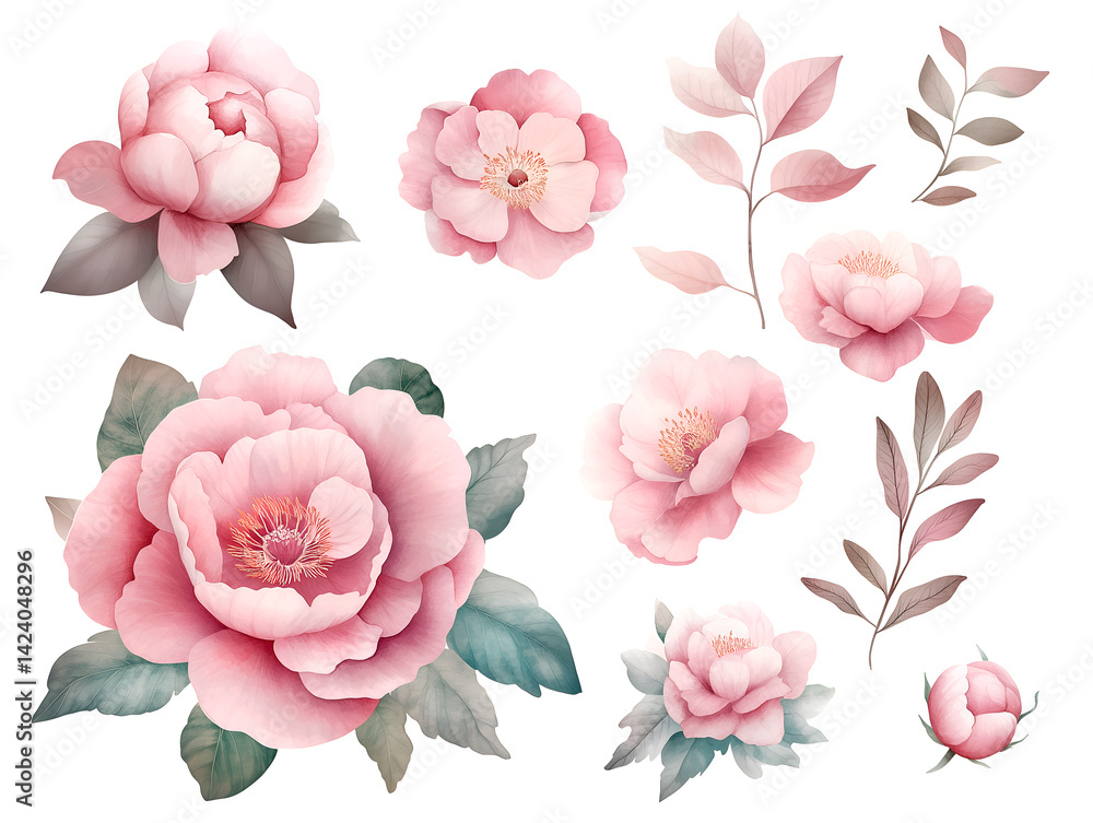 Fototapeta premium Watercolor Pink Floral Peonies and Roses Arrangement