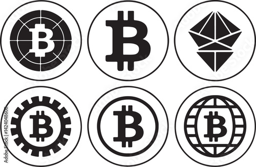 Set of 6 silhouette icons related to bitcoin currency. Flat black color icon collection. Editable filled design art. Vector illustration.