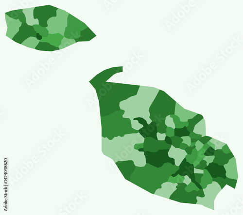 Map of Malta with regions. A simple country border map with region division. Green color palette. Blank Malta shape with administrative division. Vector illustration.