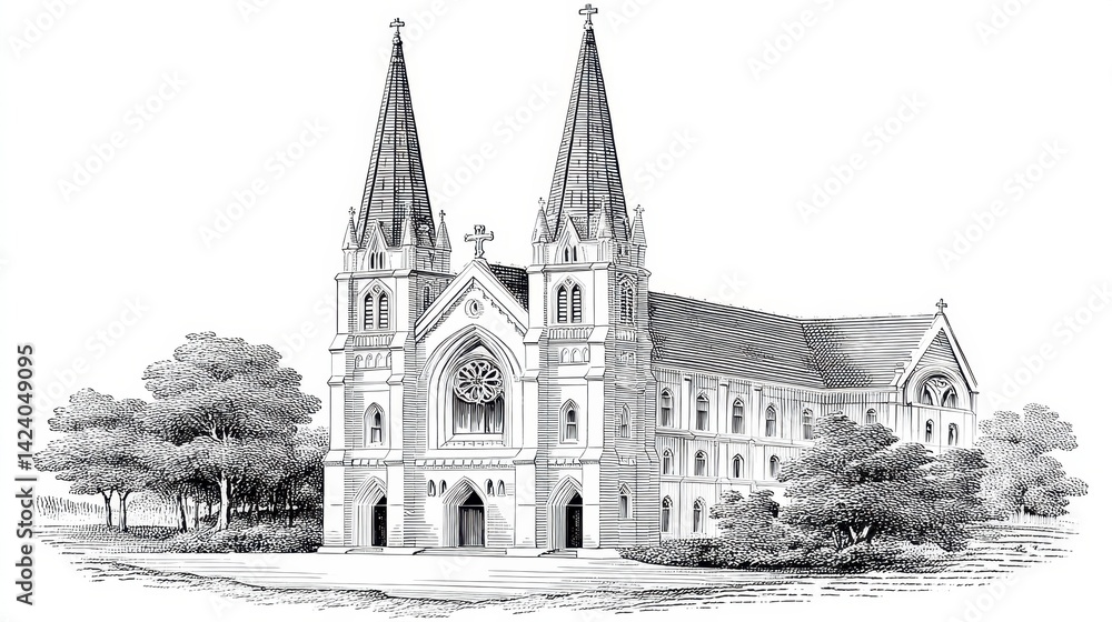 Fototapeta premium Detailed Pen and Ink Sketch of a Grand Church with Twin Towers