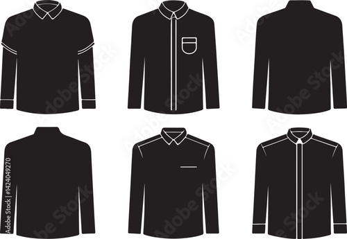 Set of 6 silhouette icons related to cloth of shirt. Flat black color icon collection. Editable filled design art. Vector illustration.